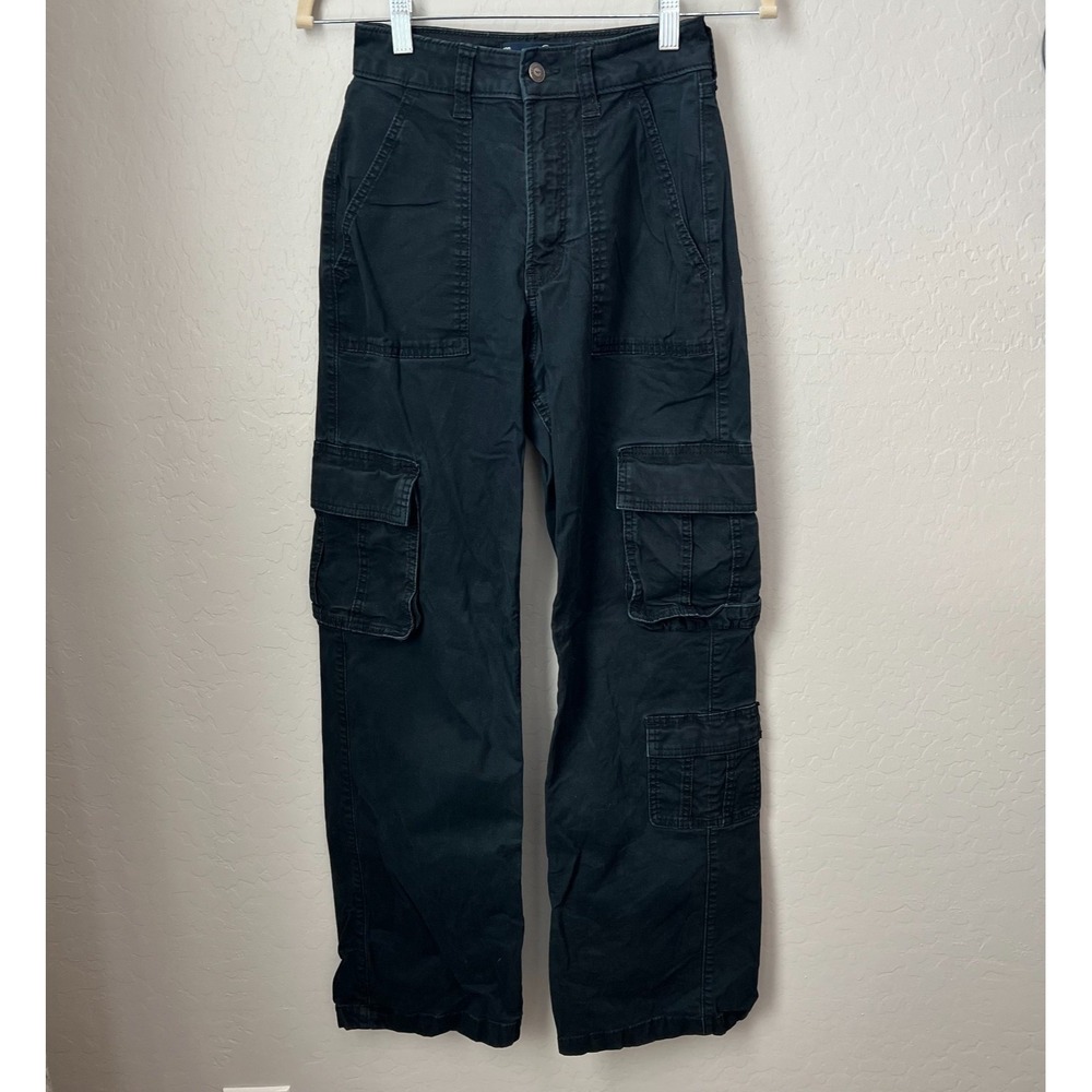 HOLLISTER Ultra High Rise Baggy Cargo Flare Pant Black Womens Size 24R 24X30 Y2K